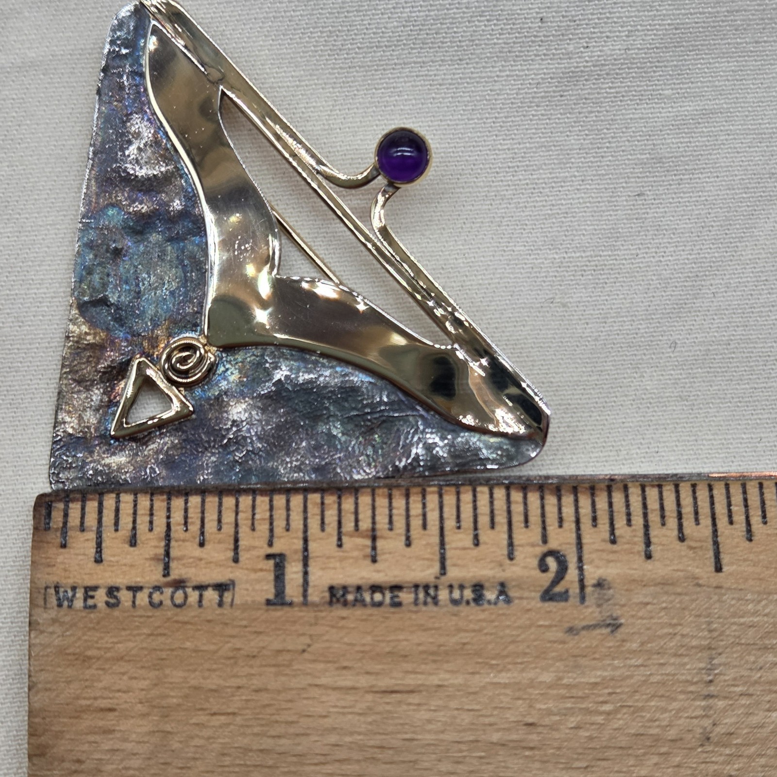 Vintage Sterling Silver & Other Metal Amethyst Stone Triangle Shape Brooch