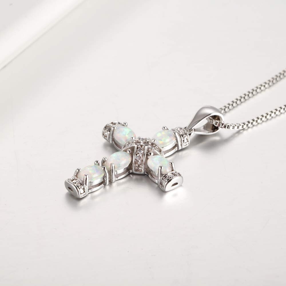 Hawaii White Fire Opal Cross Necklace pendants Silver Filled Women Girls Charm