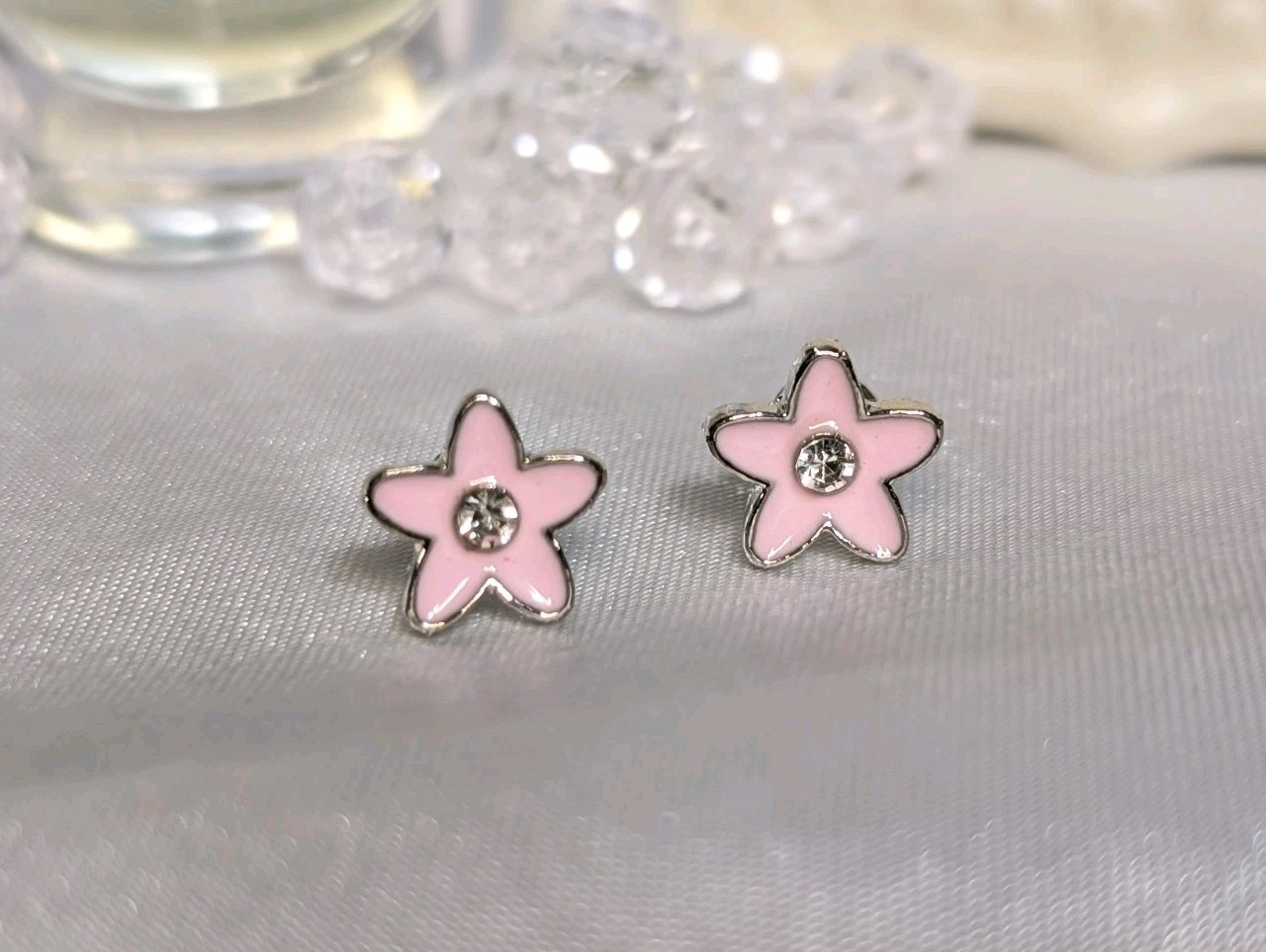 NEW Earrings Pink Flower With Clear Rhinestone Sterling Silver Studs Earrings