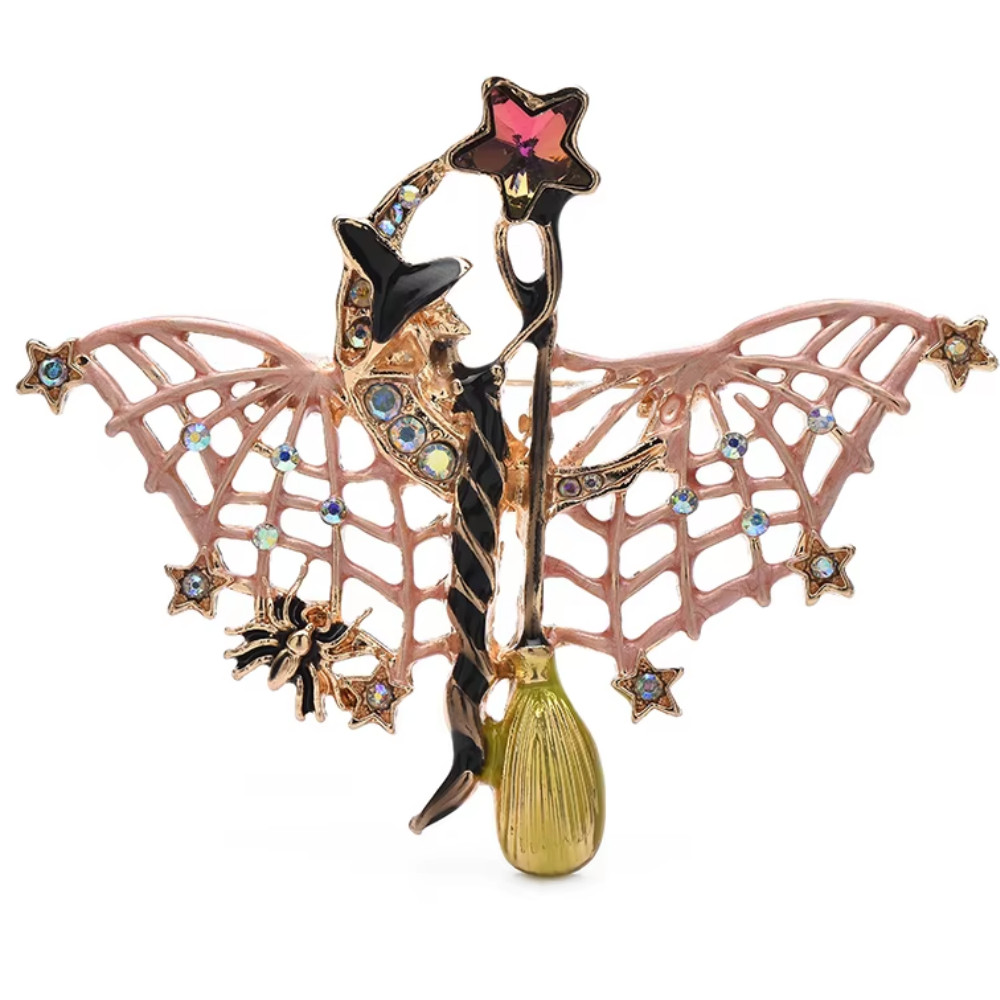 Gothic Halloween Witch Brooch Star Wand Web Wings Broom Sparkly Pin Jewelry Gift