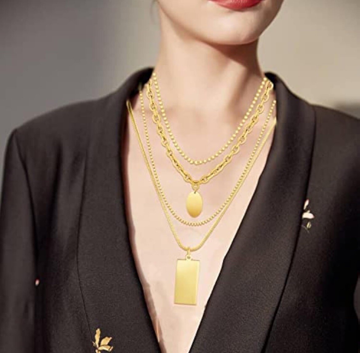4PCS Gold Layered Necklace Set: bead,thin bead, oval square pendant chunky chain