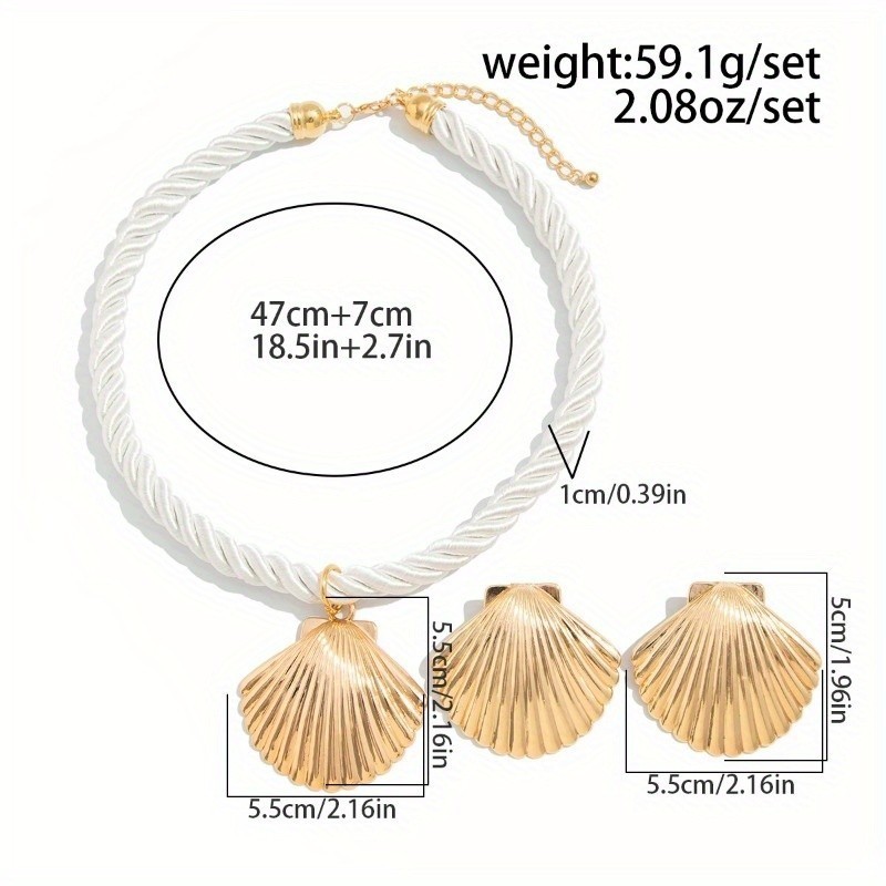 Women’se Fashion Fan Shell Pendant Necklace Ear Studs Set Thick Rope Chain