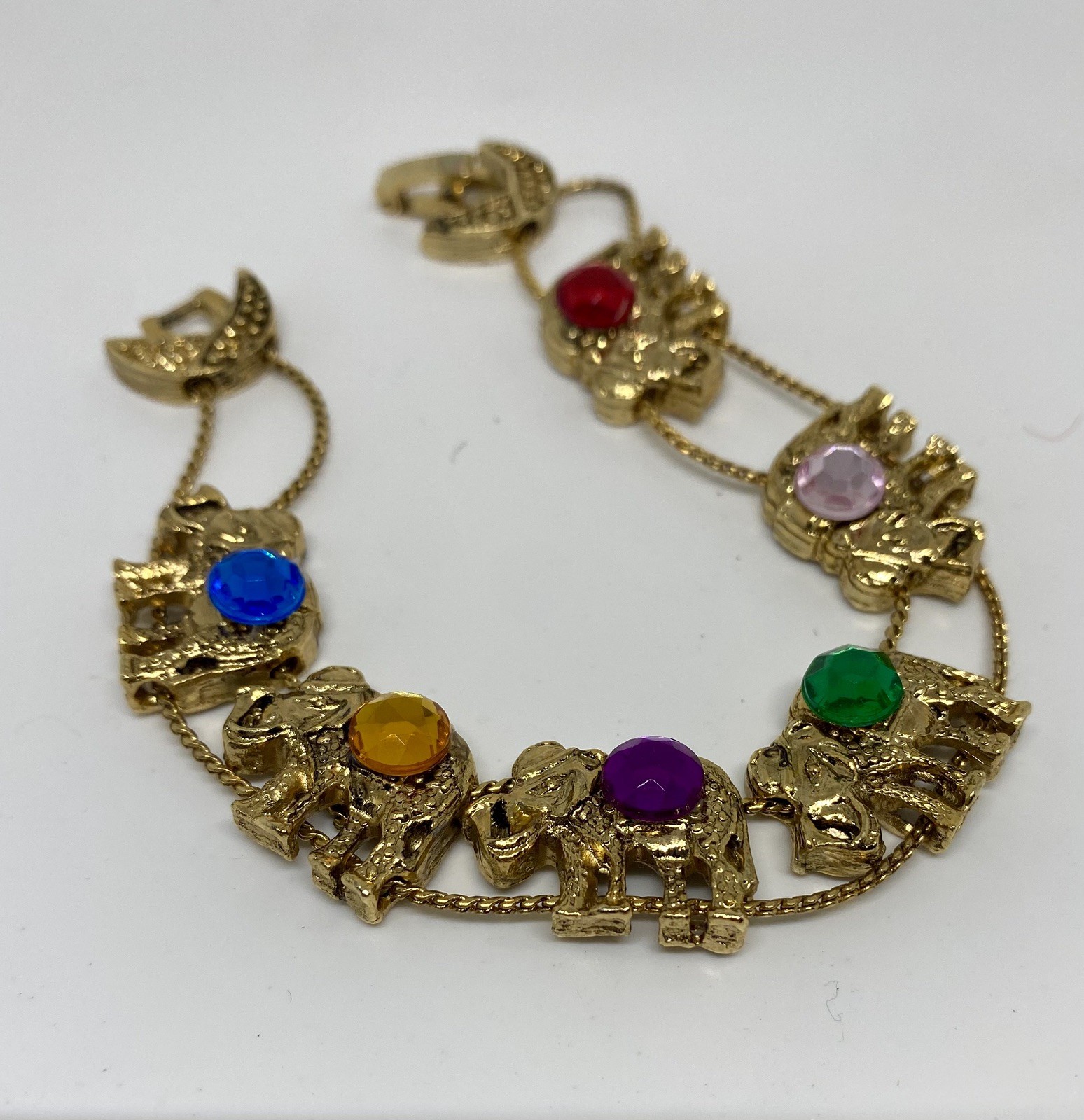 Vintage Gold-Toned Slide Bracelet with Elephants & Rhinestones