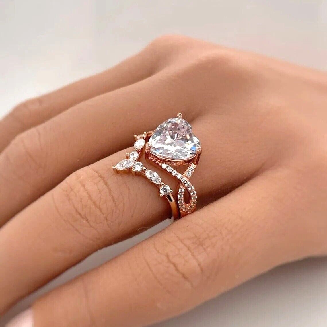 Bridal Set Women’s Ring 3Ct Heart Cut Simulated Diamond In 14K Rose Gold Plated