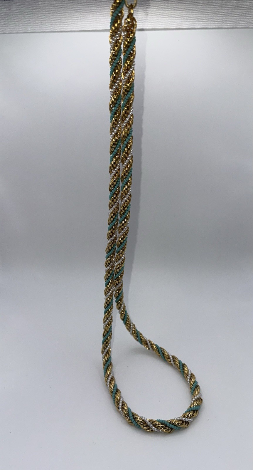 Avon Gold Tone Rope Chain Layered Beaded Necklace Turquoise White Signed