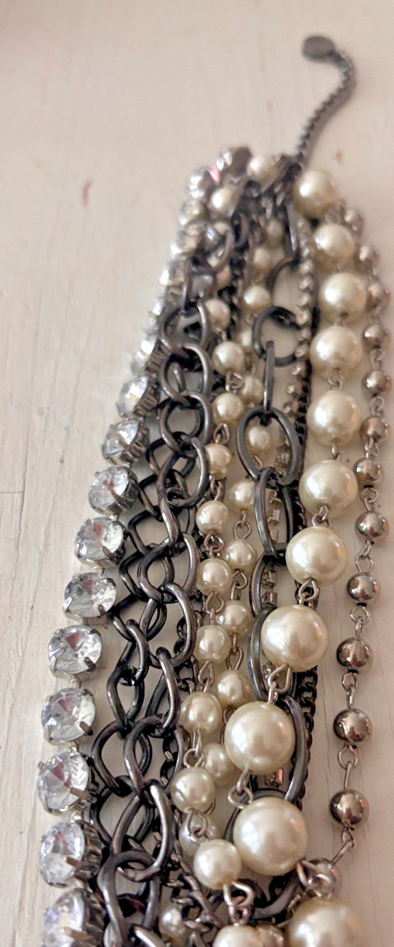 Simply Vera Wang Multi strand Pearl Rhinestone Gun Metal Bracelet 8″ adjustable