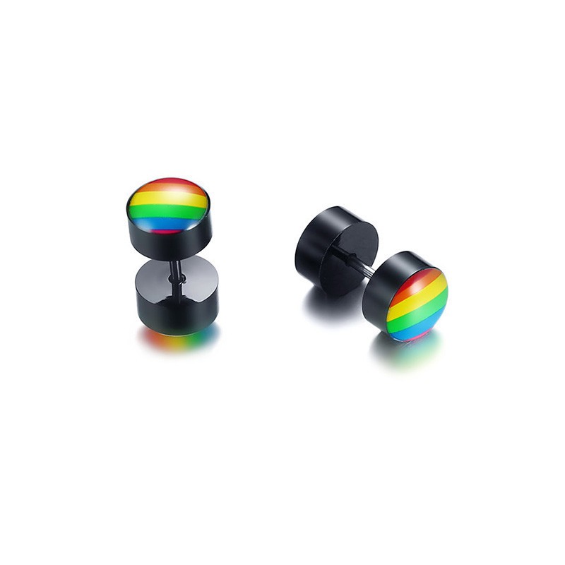 New Rainbow Color Gay Men Pride Barbell Earring Stainless Steel Ear Studs Enamel