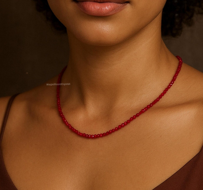 Minimalist Garnet Stone Choker Red Gemstone Queen Necklace January Birthstone