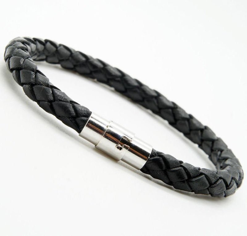 Unisex Women Men Braided Leather Steel Magnetic Clasp Bracelet Handmade Jewelry