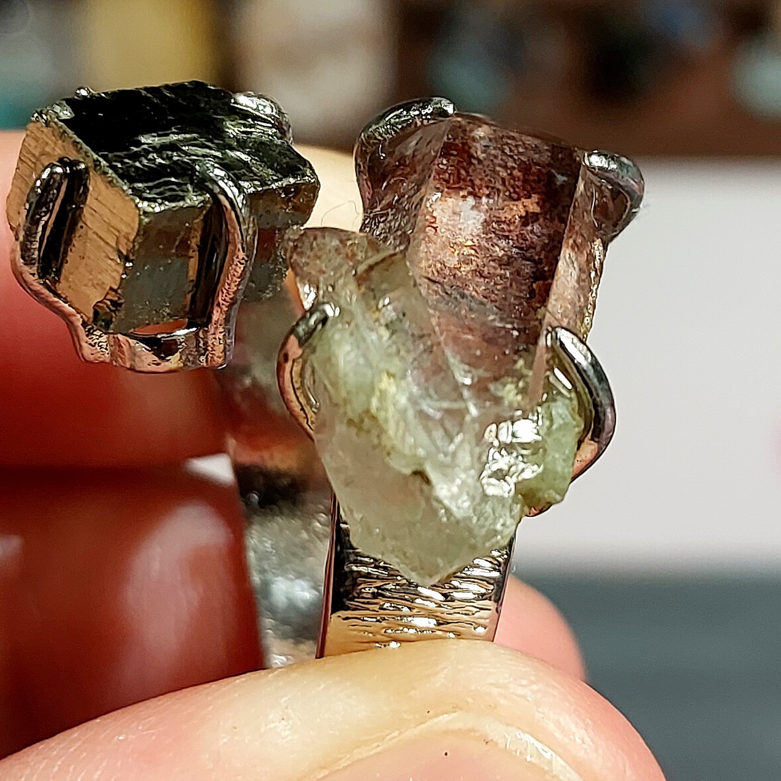 Duel Specimen Adjustable Window Garden Quartz & Pyrite Silver Plated Copper Ring