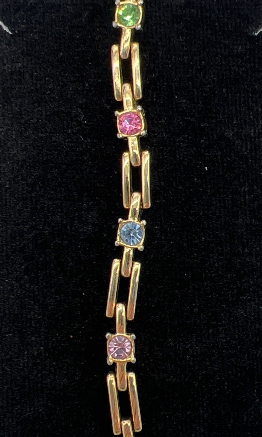 Gold-Tone Link Bracelet With Multicolor Gemstones & Fold-Over Clasp 7 Inches