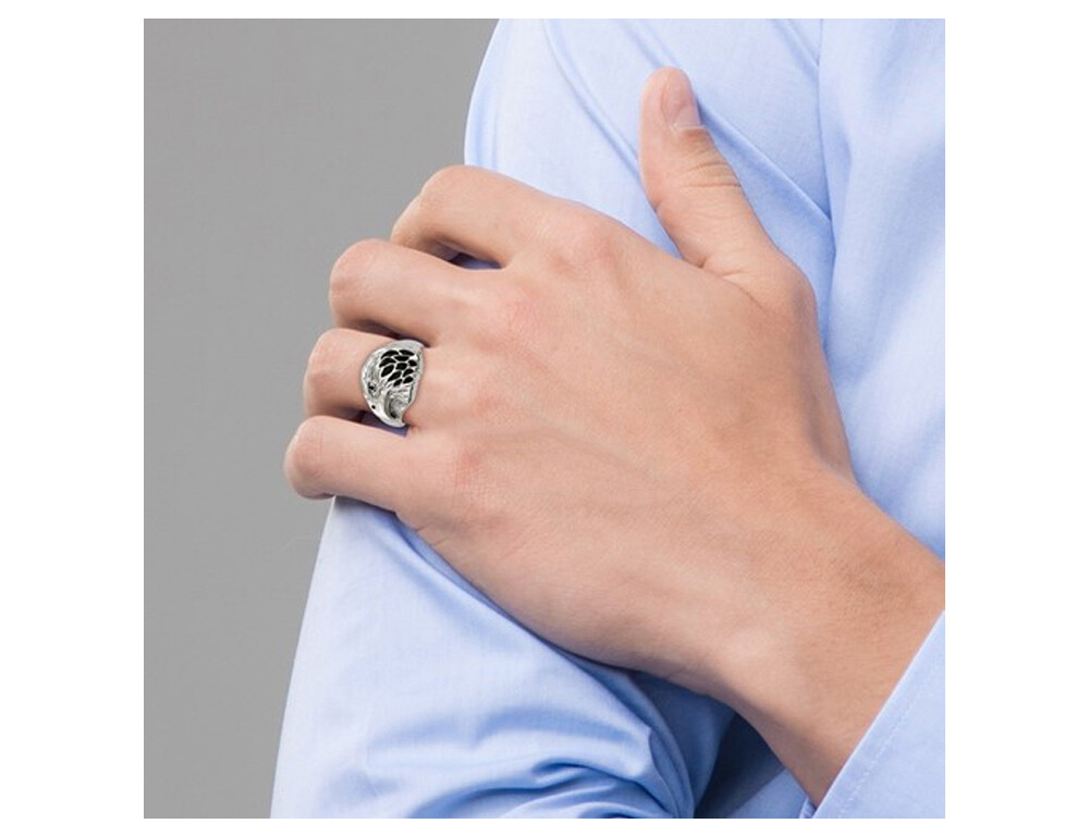 Mens Textured Black Enamel Eagle Ring in Stainless Steel