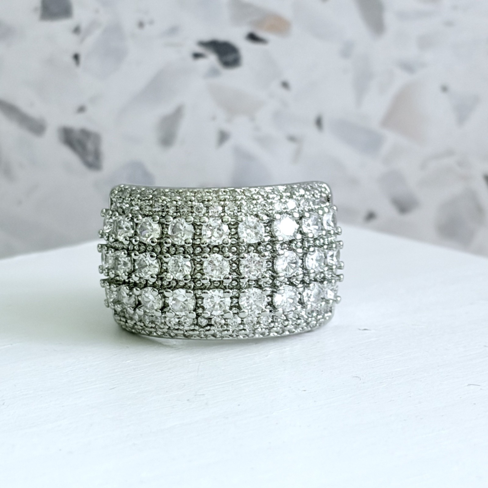 14k White Gold & 925 Sterling Simulated Sapphire Pave Set Band Women’s Ring