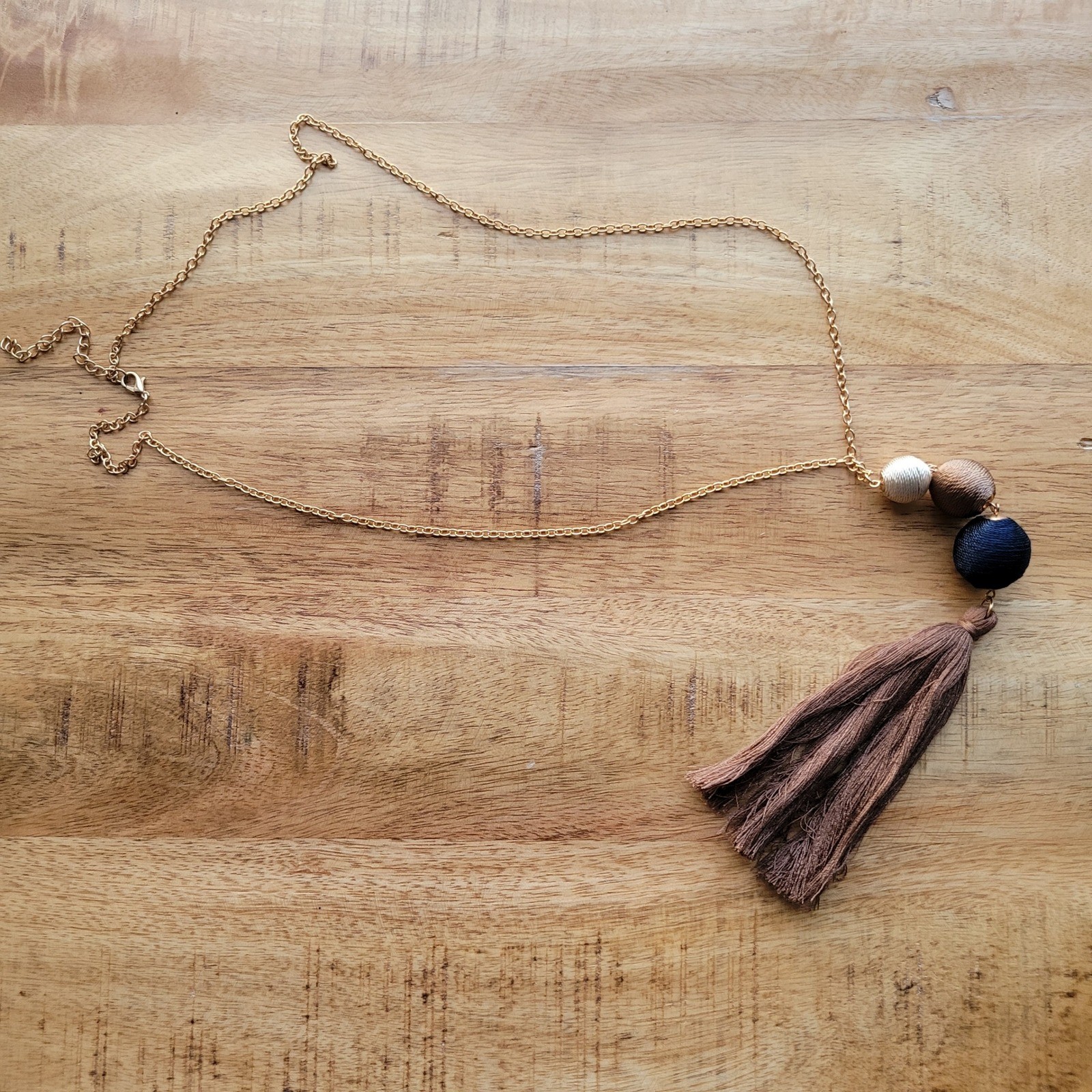Boho Tassel Beaded Necklace Gold Chain Multi Color Beads Dark Blue Brown Beige