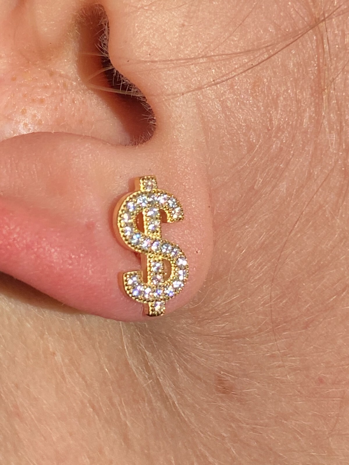 Real 925 Sterling Silver 14k Gold Men Ladies Dollar Sign $ Earrings Studs Iced