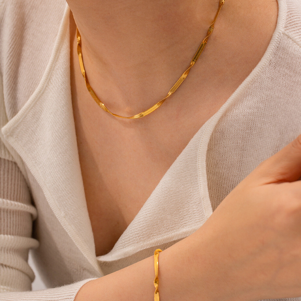 3mm Woman 18K Gold Plated Stainless Steel Herringbone Snake Twist Chain/Bracelet