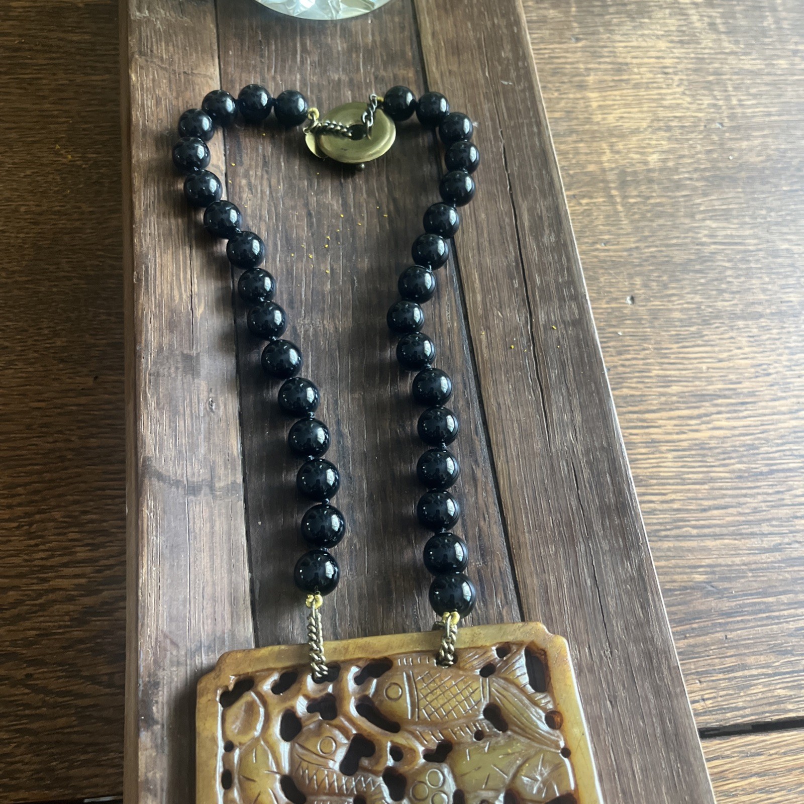Heidi Daus Asian Design Chinoiserie Necklace Onyx Beads Carved Pendant Tassel