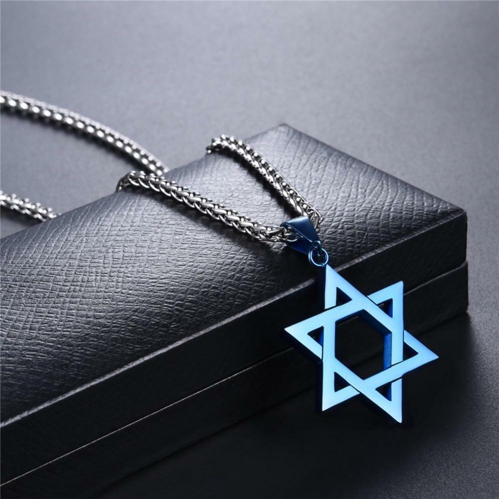 Star of David Pendant Necklace Chain christian Israel Jewish Blue Ion Plate