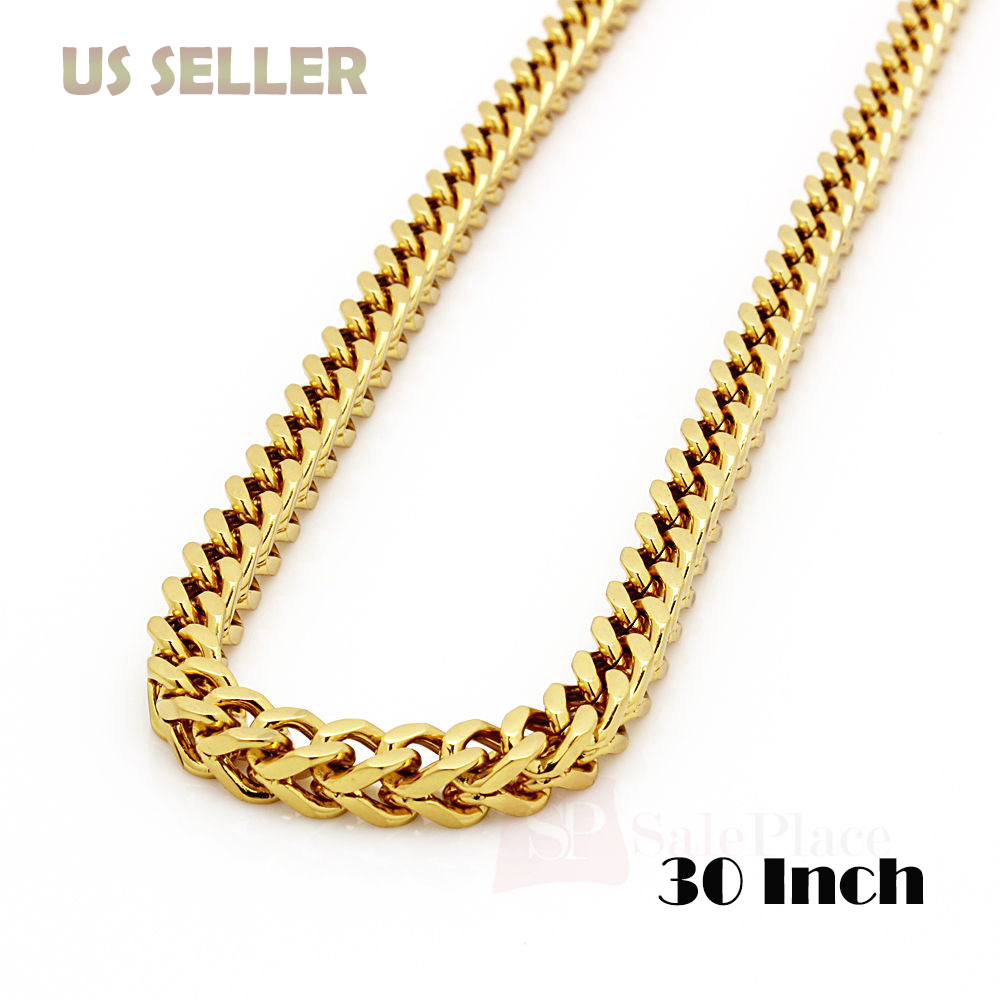 30″ Mens Hip Hop 8mm Gold Stainless Steel Franco Cuban Box Chain Link Necklace