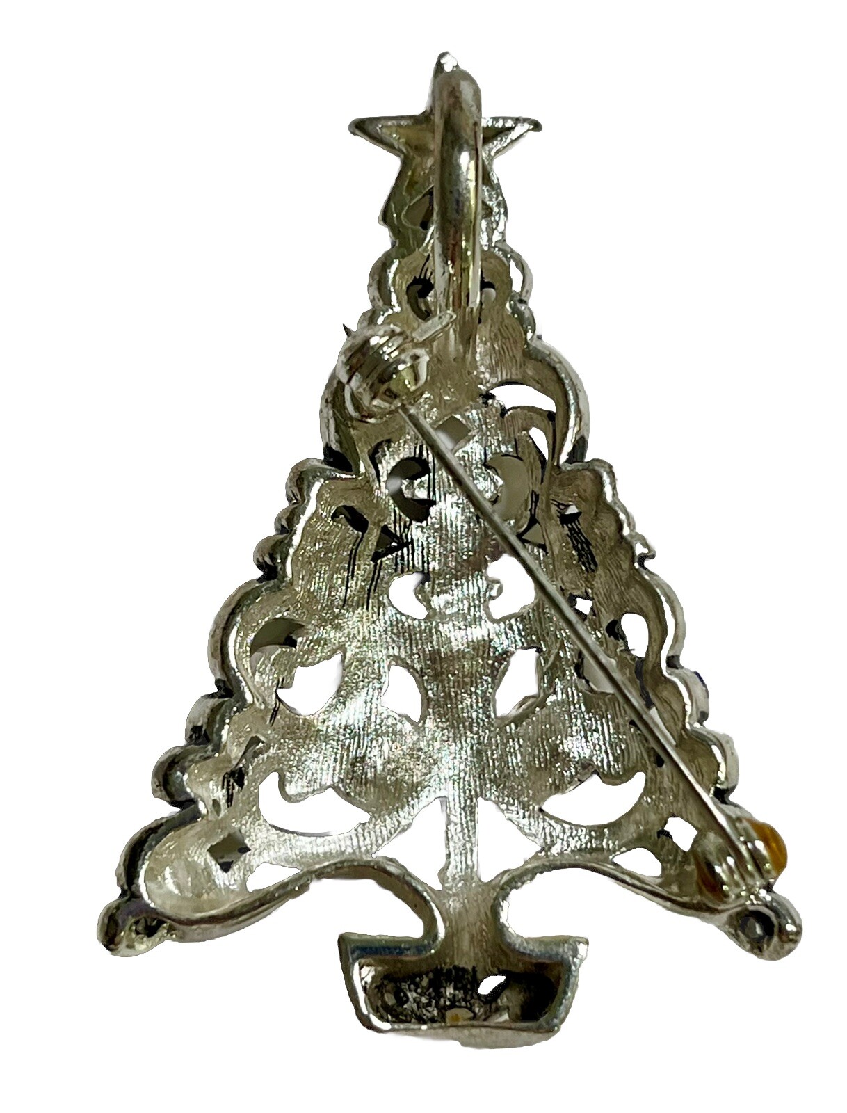 Christmas Tree Silver Tone Multicolored Rhinestone Brooch Pendant