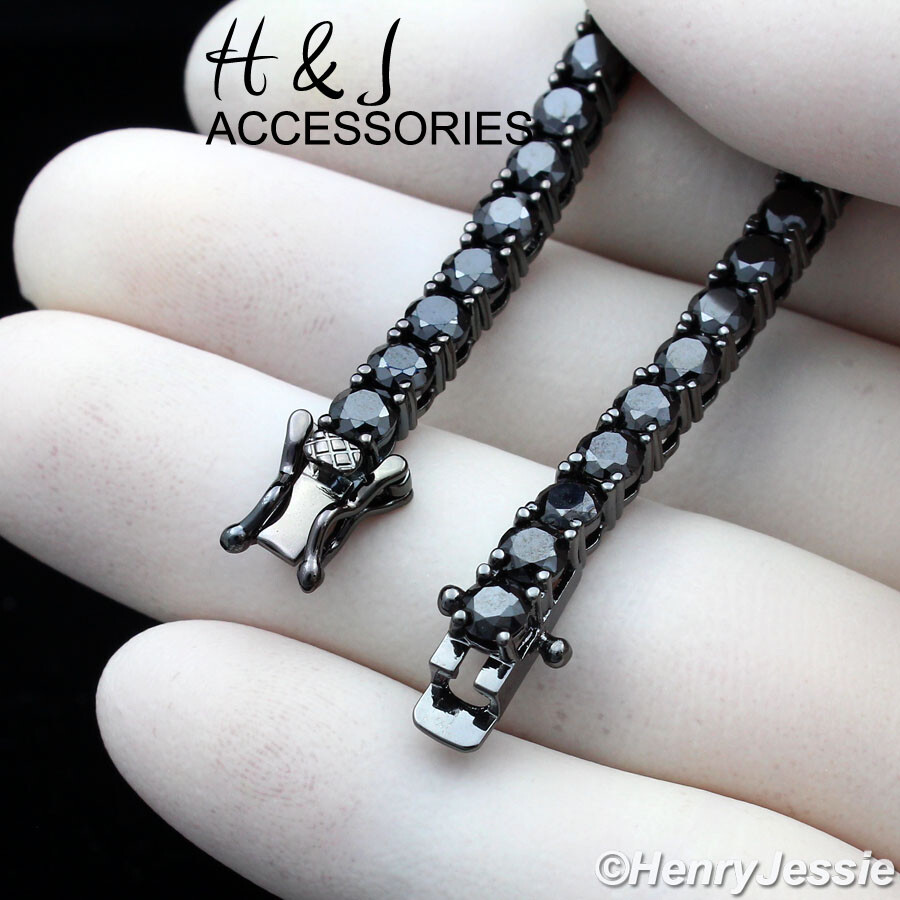 7″-8.5″MEN WOMEN 14K BLACK GOLD PLATED 4MM 1 ROW BLACK CZ TENNIS BRACELET*BB2