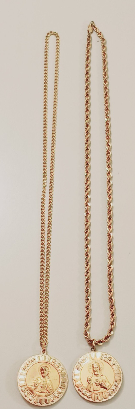 Lot 2 Sacred Heart Jesus Lady Guadalupe Double Sided Medallion Necklace GoldTone