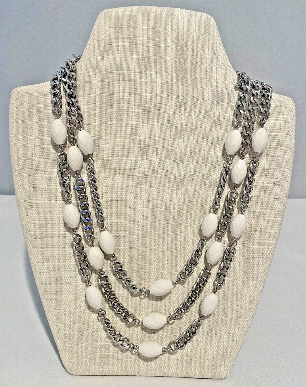 Multi Layer Silver Curb Chain Necklace with White Beads New With Tags