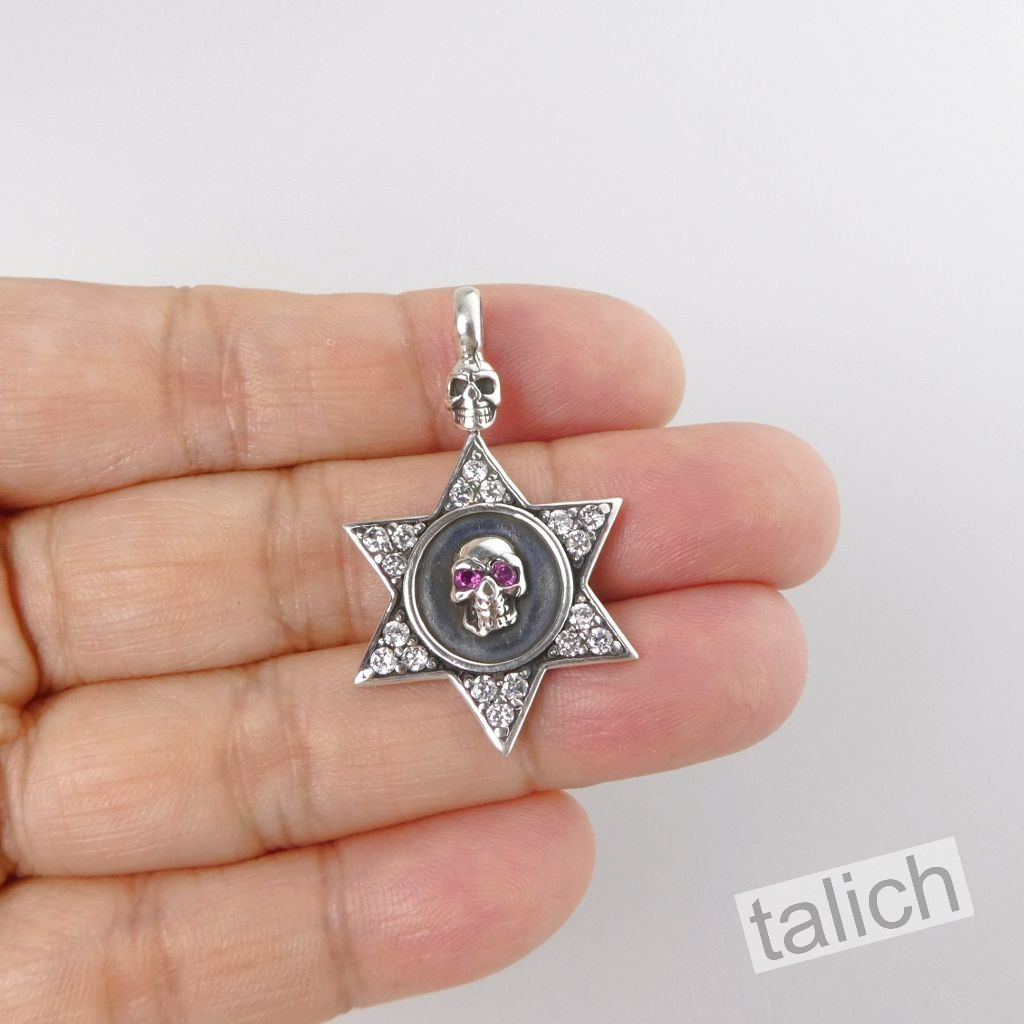 Shiny 925 Sterling Silver Six Pointed Star with Pink CZ Eye Skull Amulet Pendant