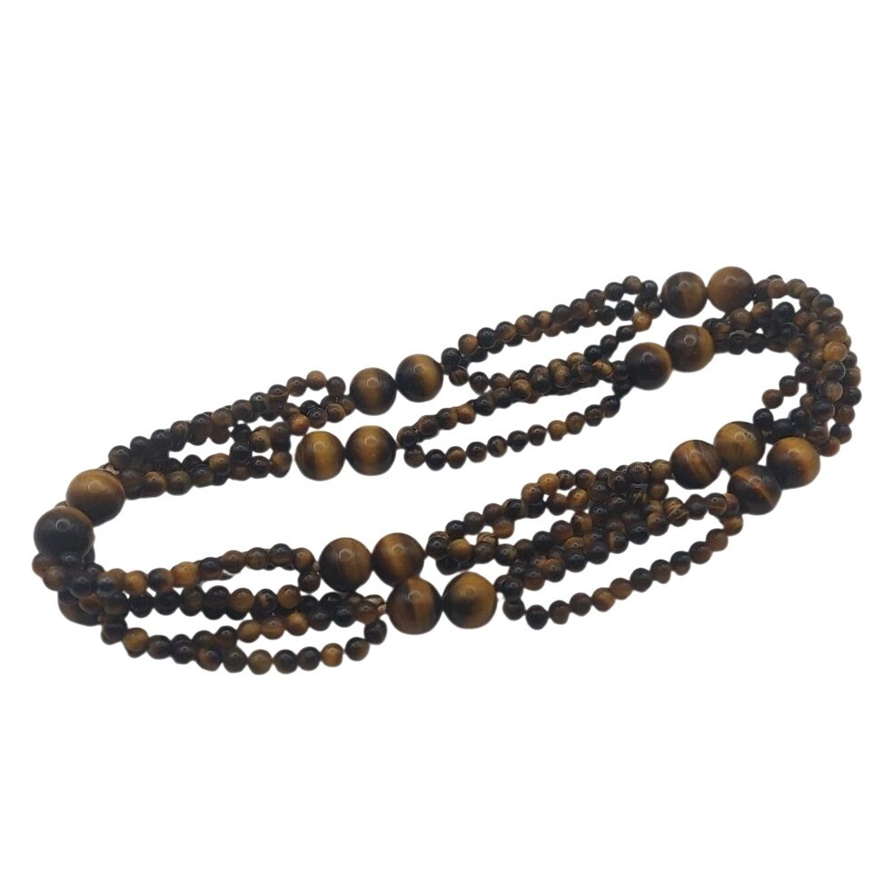 Multi-Strand Tigers Eye Beaded Gemstone 26″ Knotted Cabochon Reflective Necklace