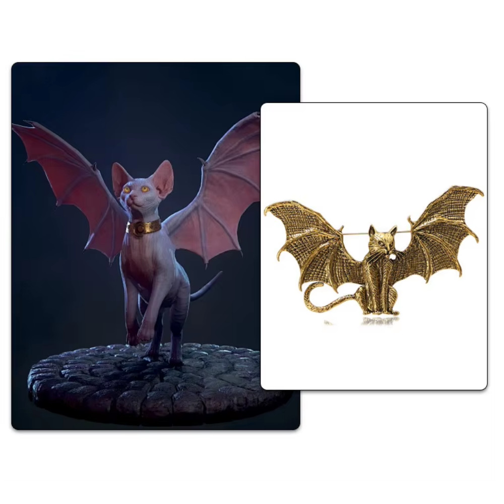 LARGE Halloween Silver Tone Wing Cat Bat Brooch Pin Gothic Jewelry Costume Gift