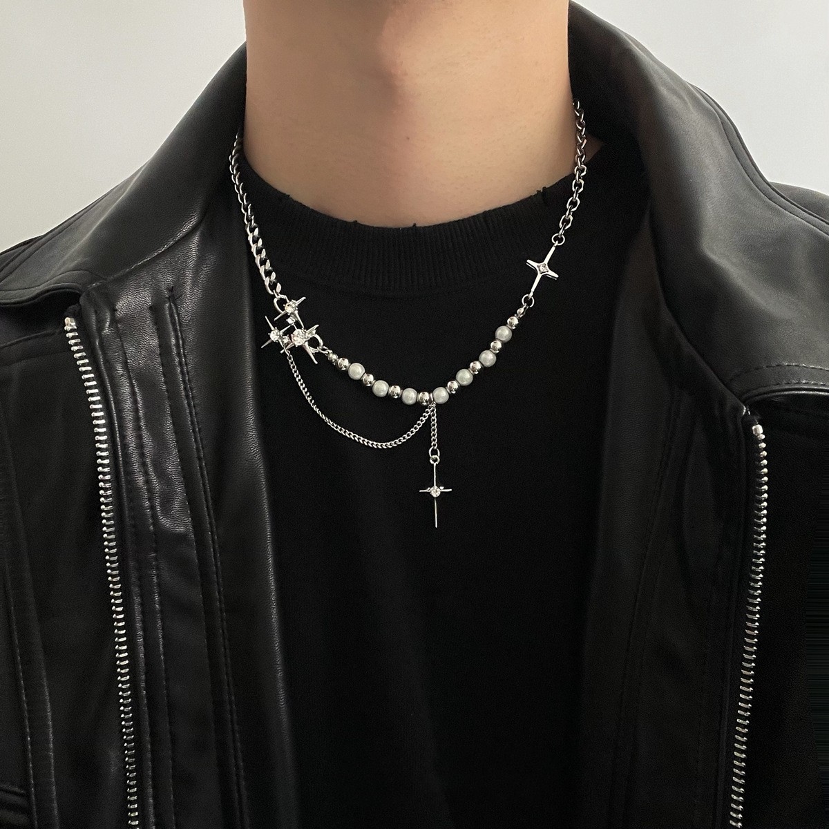 Women’s Vintage Eight Point Star Necklace Reflective Pearl Jewelry