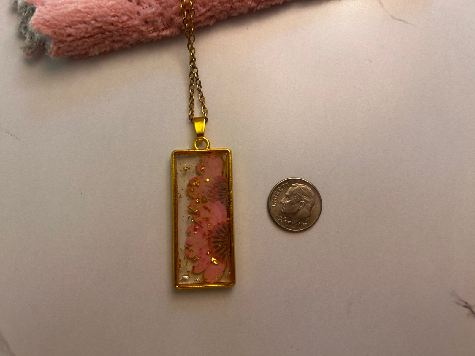 Real Pink Flower Necklace, Rectangle Resin Pendant, Preserved Botanicals Jewelry