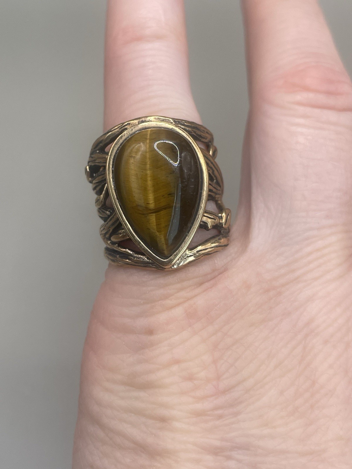 Barse Signed Bronze Tone Teardrop Tigers Eye 6 Ladies Cocktail Statement Ring