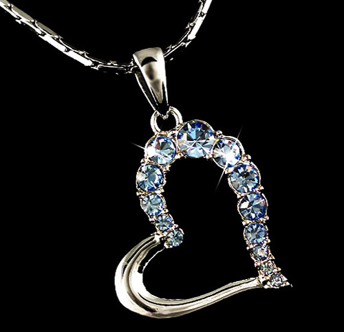 White Gold made with Blue Swarovski Crystal Large Open Heart Pendant Necklace