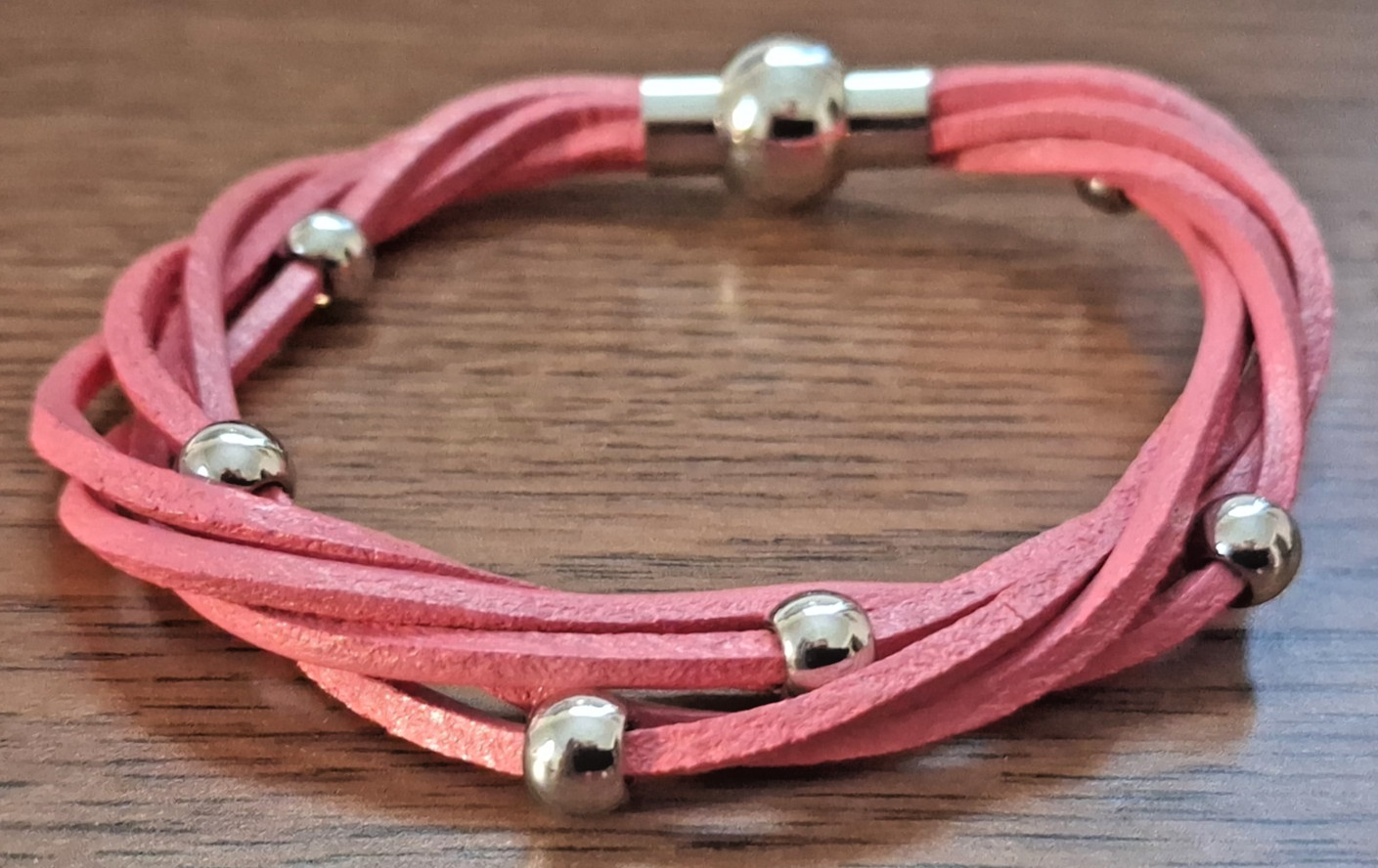 8″ Chisel Pink Leather Multi Strand Stainless Steel Magnetic Bracelet NWOT