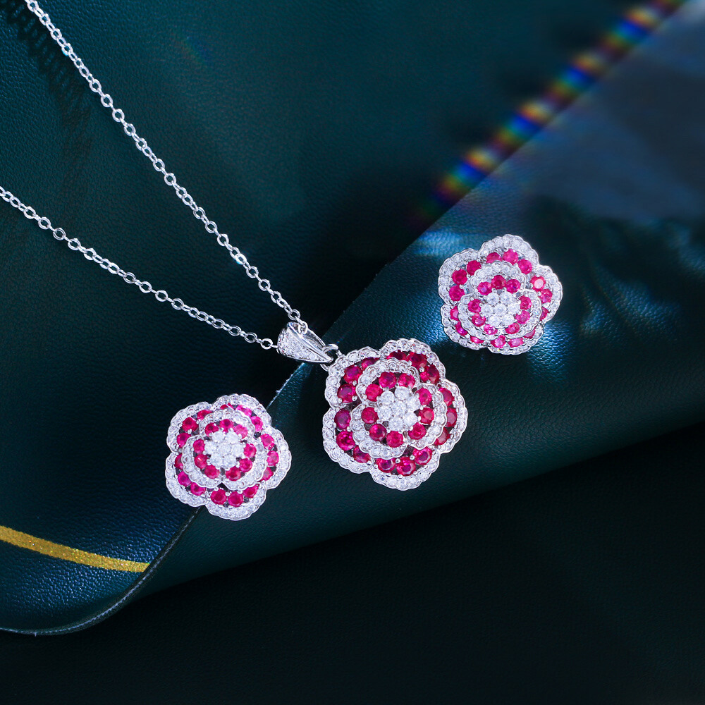 Flower Necklace Earrings Set Silver Plated Fashion Brand CZ Women Party Jewelry