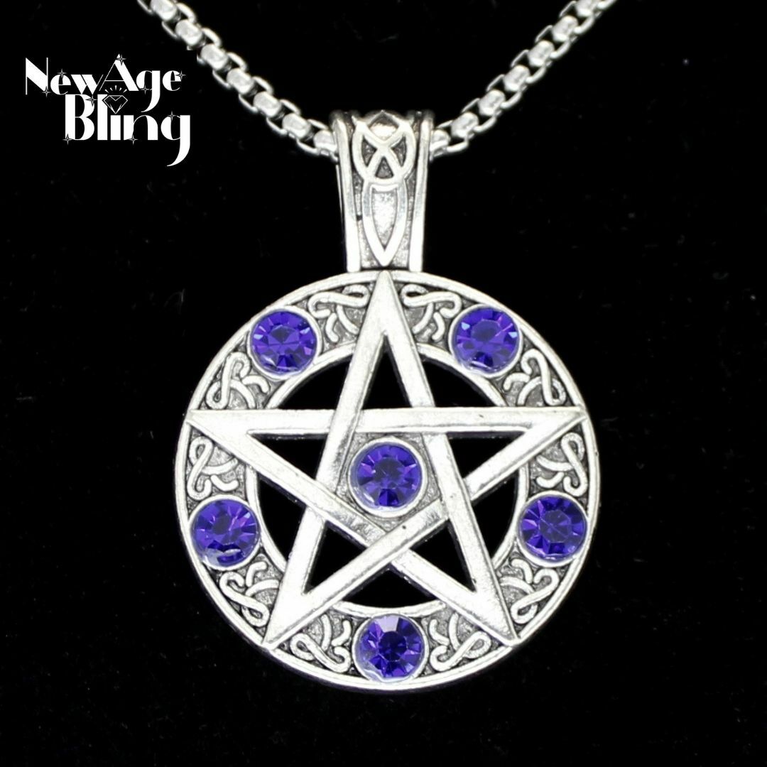 5 Star Pentagram Pendant Necklace 24″ Stainless Steel Chain Blue Rhinestone