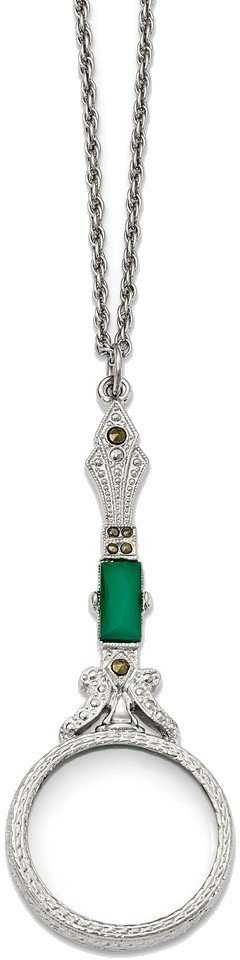 1928 Jewelry – Silver-tone Hematite & Green Glass Magnifier 28in Necklace
