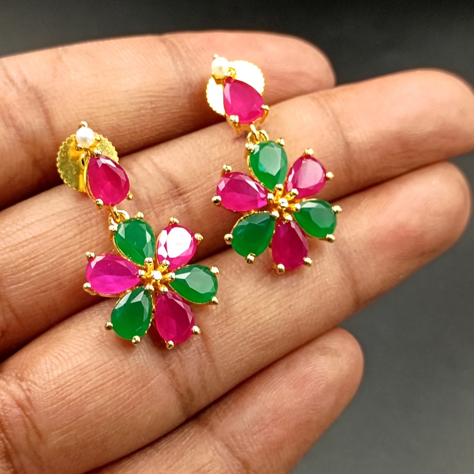 22K Gold Plated Ruby Emerald Pearl Necklace Set Handmade Red Stone Indian Jewelr