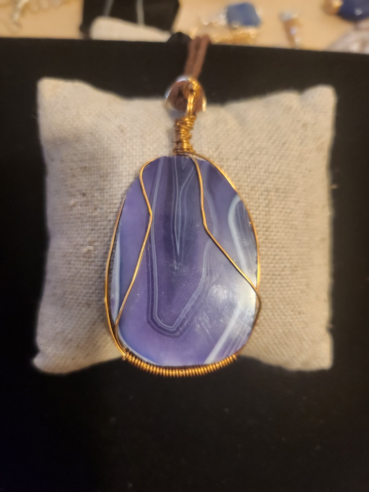Gold Tone Wire Wrapped Oval Purple Agate Amulet Charm Pendant Cord Necklace