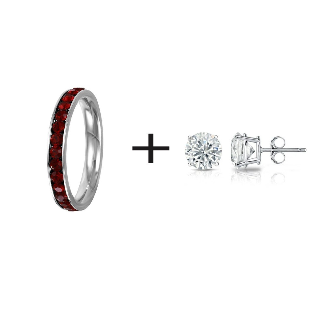 Birthstone Eternity Ring 3MM Stainless Steel Stackable Band + 5mm CZ Earring