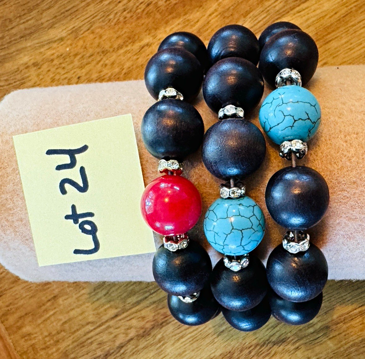 Lot 24 Black Beaded Stretch Bracelet Set w/ Blue Turquoise & Red Accent Beads