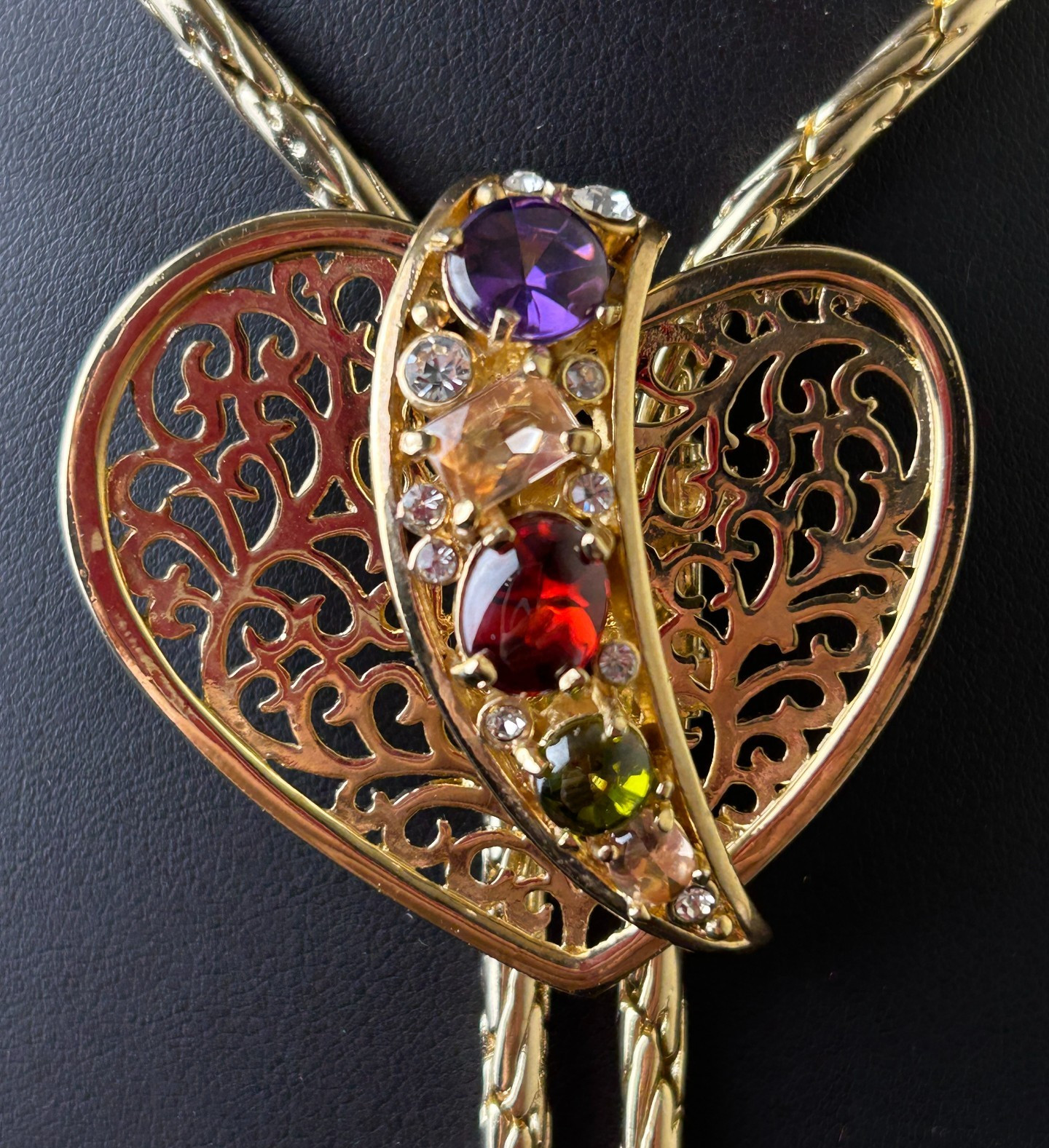 Gold Tone Lariat Chain Necklace – Heart Bolo Slide – Crystals Open Back Setting