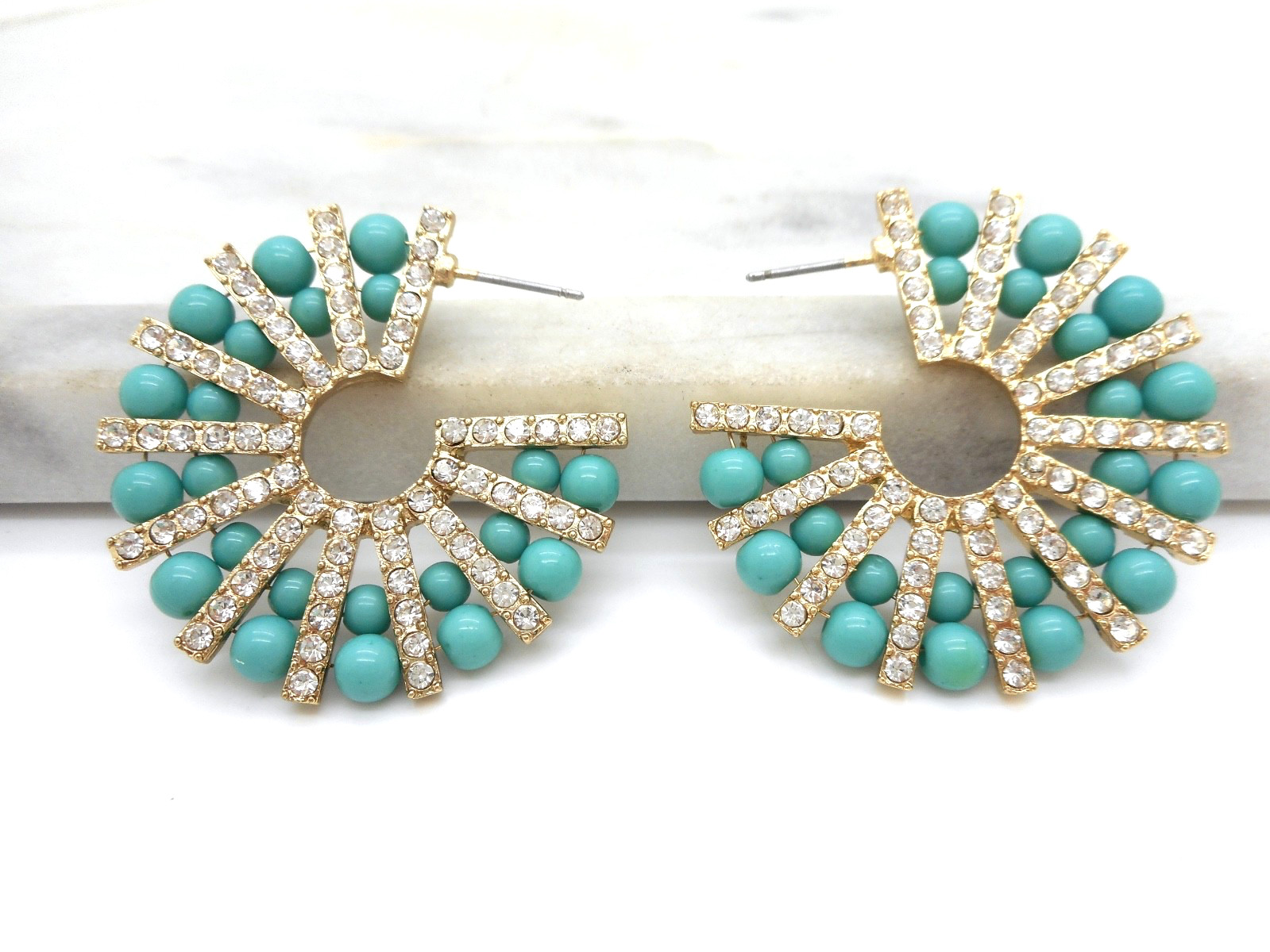 New Stunning Turquoise Hoop Earrings Light Weight Crystal Spokes 1.5″