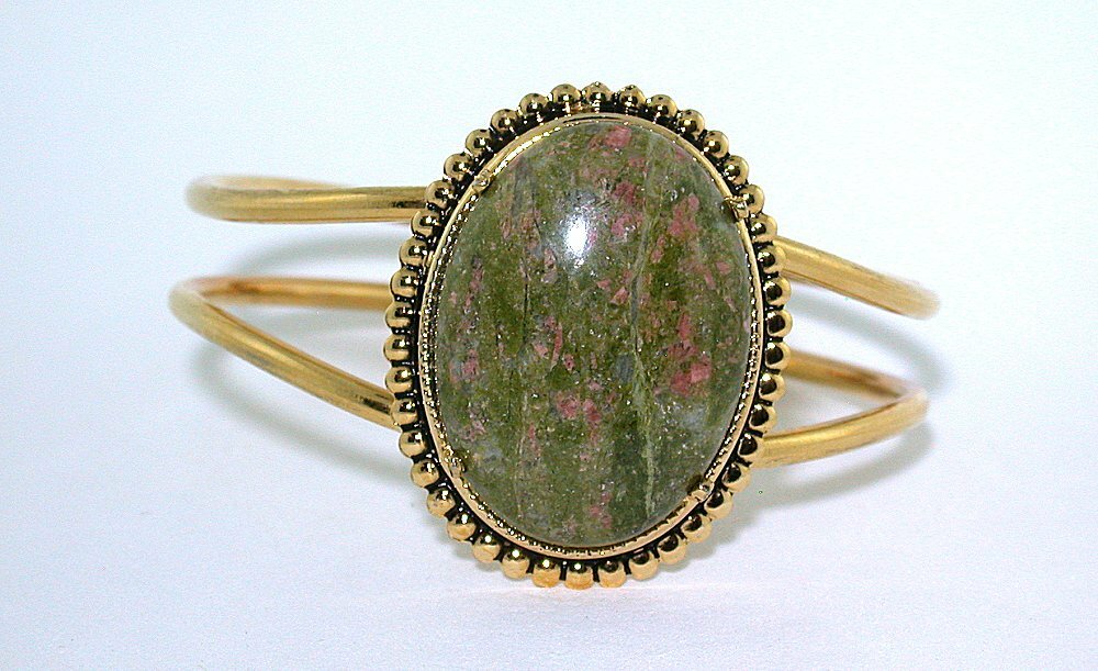 30×22 Unakite Cabochon Cab Spring Load 7 1/2 Inch Goldplated Cuff Bracelet ECB48