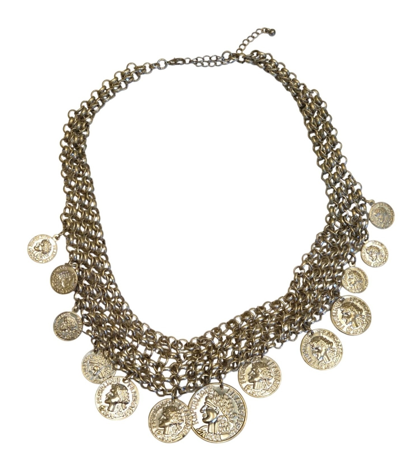 Silver-Tone Statement Necklace With Coin Charms & Adjustable Chain