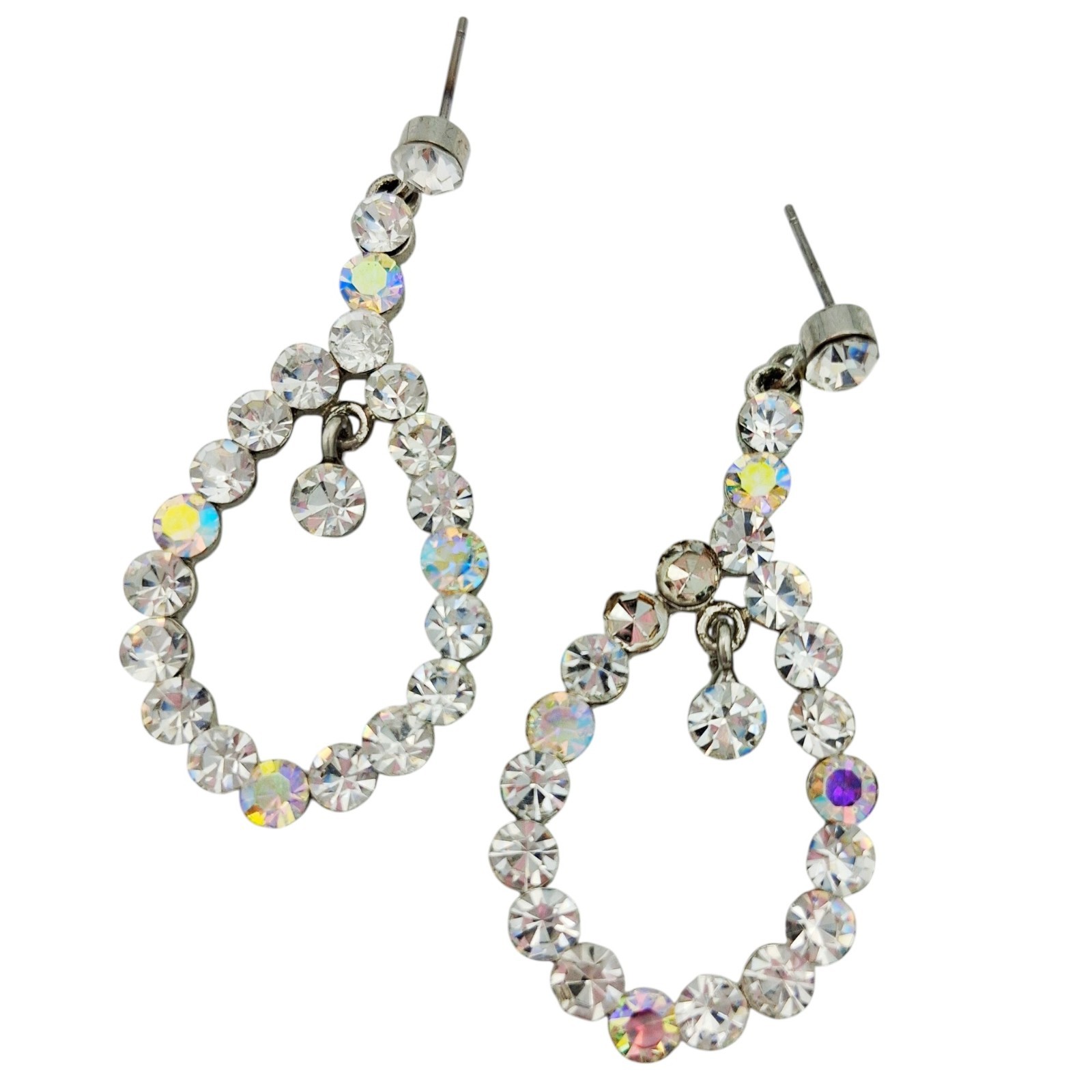 Clear and AB Rhinestone Teardrop Hoop Dangle Earrings 2″ Silver Tone Post Back