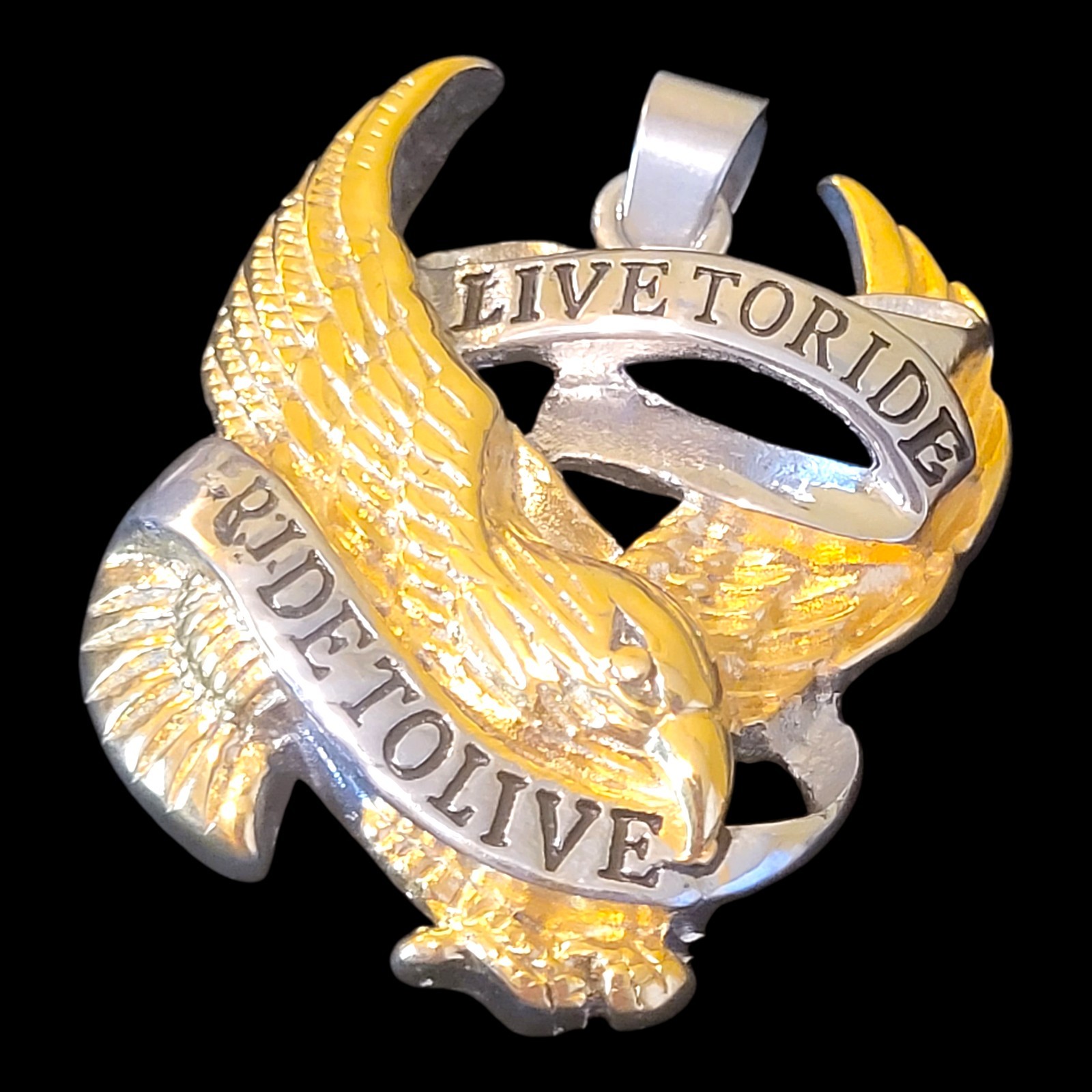 Mens Motorcycle Biker Eagle “Live To Ride, Ride To Live” Necklace Pendant