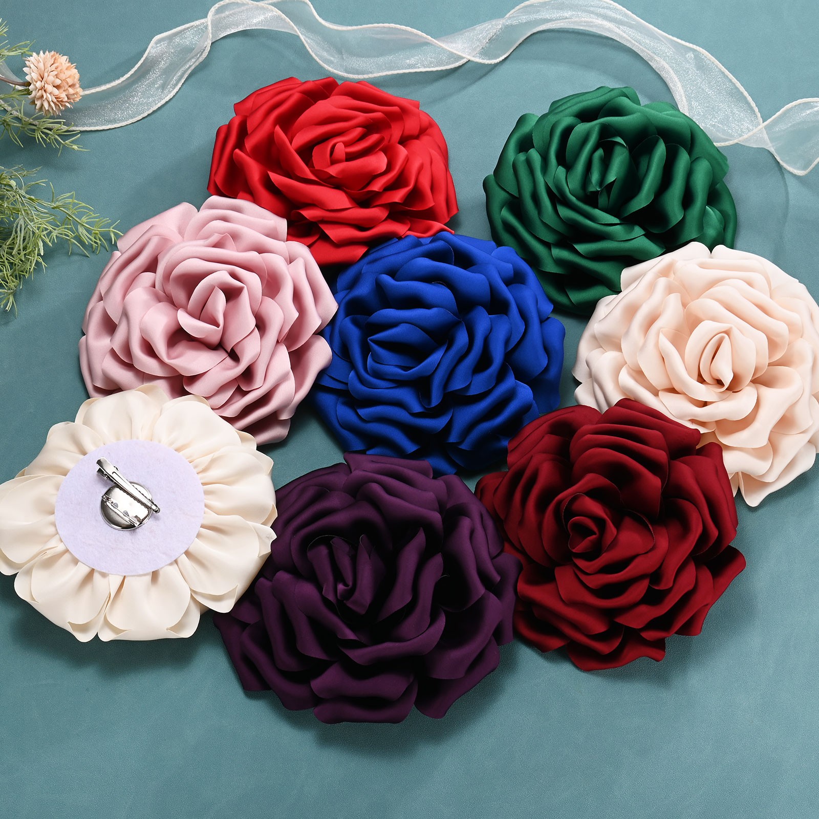 New Dainty Satin Fabric Large Rose Flower Brooches Pin for Women [16cm, Blue]
