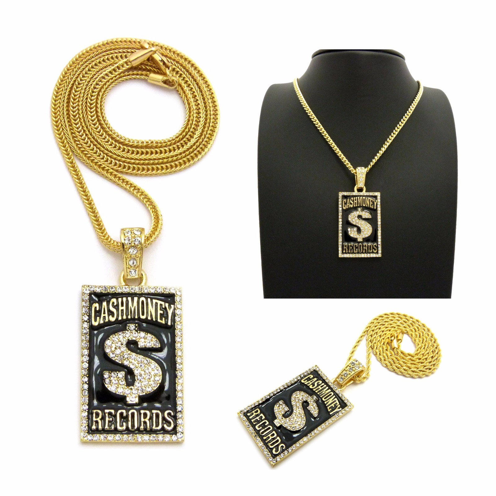 NEW CASH MONEY RECORDS PENDANT & 24″ BOX/CUBAN/ROPE/FOX CHAIN NECKLACE – XZ177G